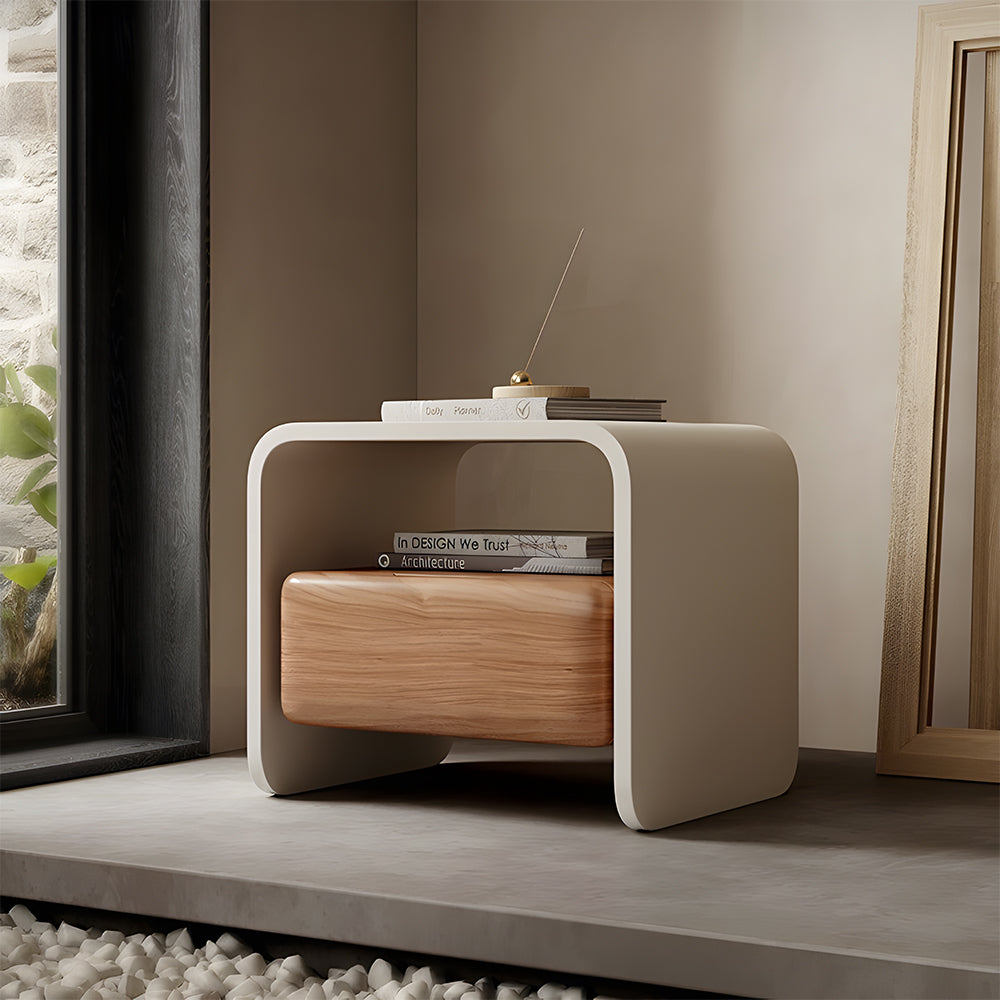 Sleek Modern Nightstand with Curved Edges Wooden Storage Drawer