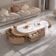 Modern Natural Wood & White Extendable Oval Coffee Table with Stone Top and Hidden