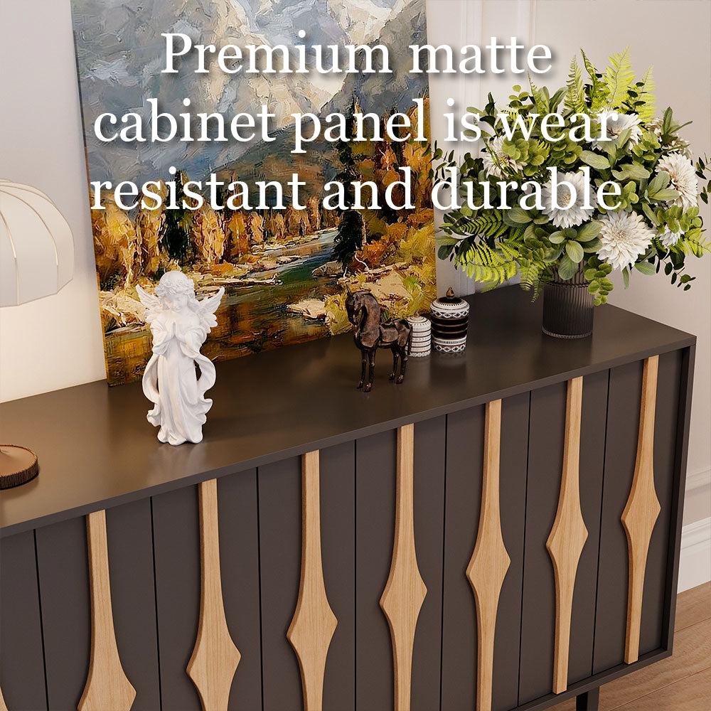 55.1'' Modern Black & Natural Wood Sideboard Cabinet with Decorative Slatted Doors