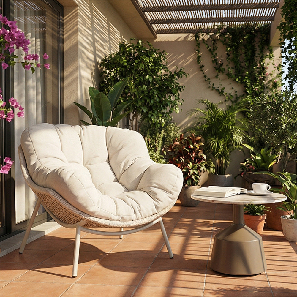 Outdoor Papasan Lounge Chair with Plush Cushion and Rope Weave Frame