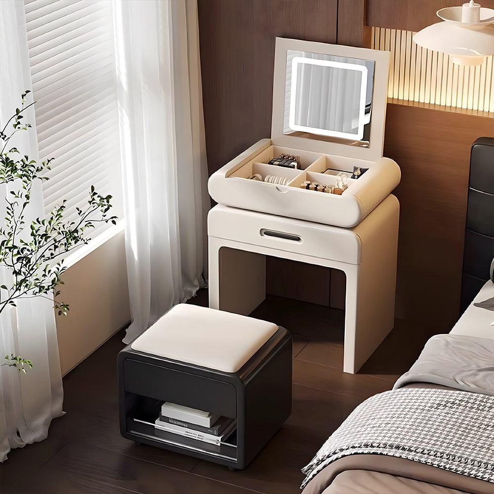 Modern Minimalist Vanity Desk with LED Mirror Storage Drawer Makeup Table Set with Upholstered Stool