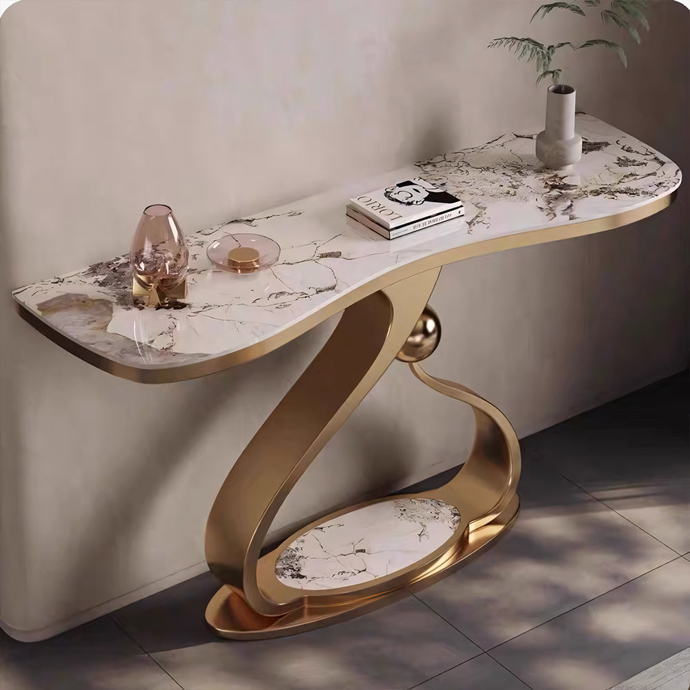 Modern Sintered Stone Entryway Console Table with Gold Sculptural Metal Base