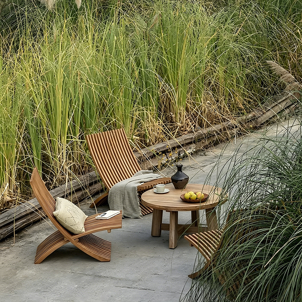 Modern Curved Solid Wood Lounge Chair with Sculptural Slatted Design