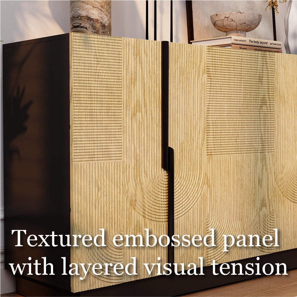 55.1'' Modern Fluted Wood Sideboard Cabinet with Sculptural Geometric Doors Black Base & Ample Storage for Dining & Living Room