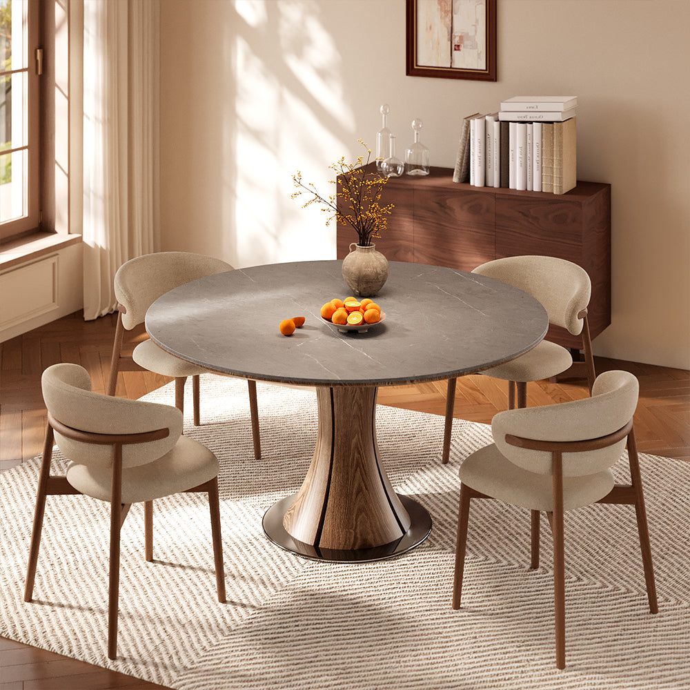 Modern Round Dining Table Scratch-Resistant Surface and Wooden Creative Base Perfect for 4-6 People