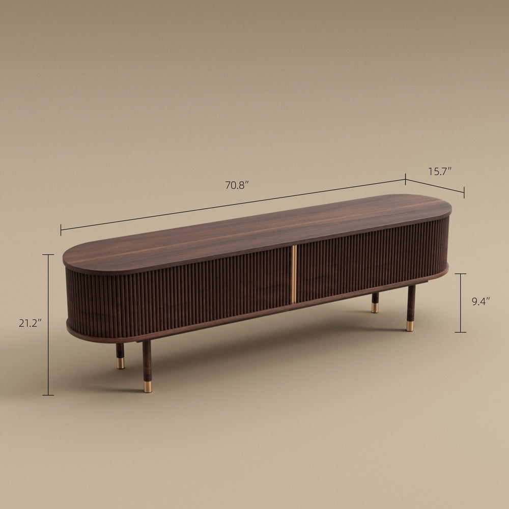 70.8" Modern Solid Wood TV Stand with Fluted Doors Minimalist Media Console with Rounded Corners & Gold Accents