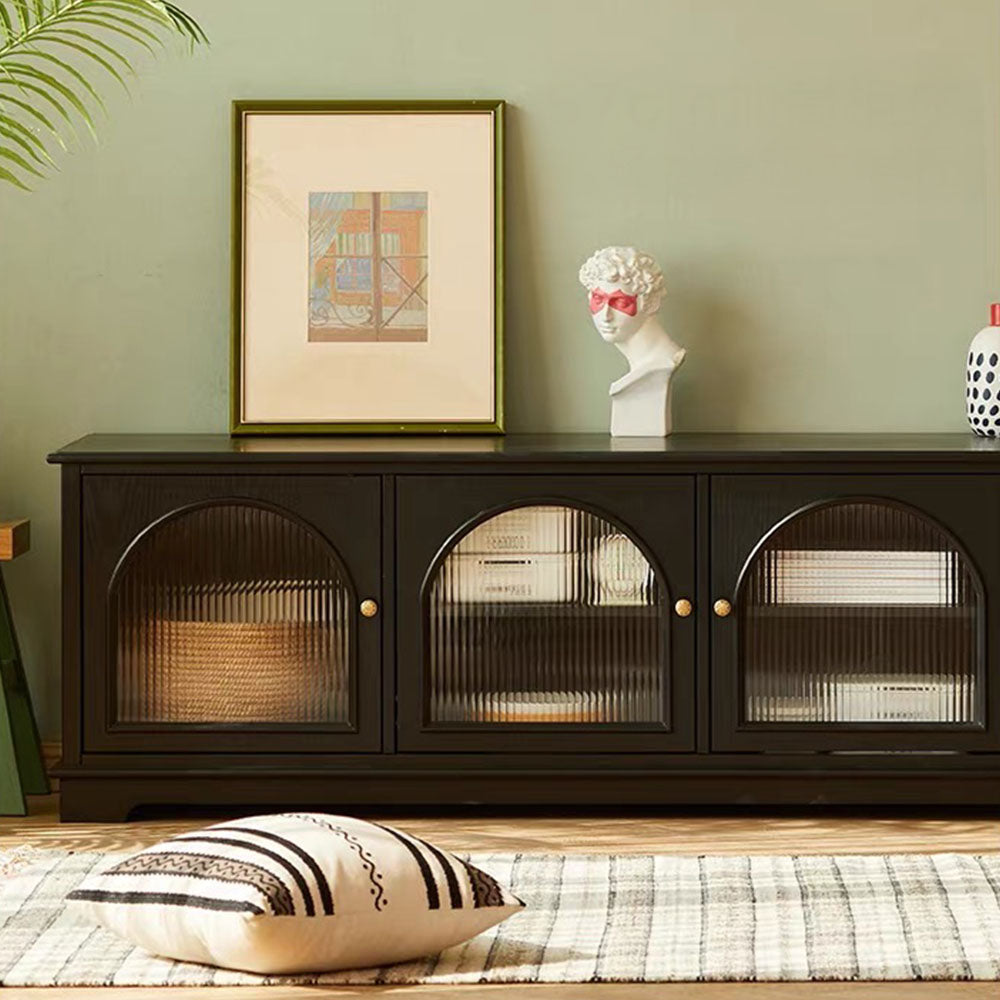 Modern Low-Profile TV Cabinet with Arched Glass Doors Freestanding Storage Console