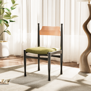 Set of 2 Mid Century Dining Chair Carved Wood Frame Green Fabric Seat Vintage Style