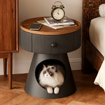 Load image into Gallery viewer, Modern Round Nightstand with Hidden Storage Drawer and Cat House Base Wooden Top Fluted Design Bedside Table
