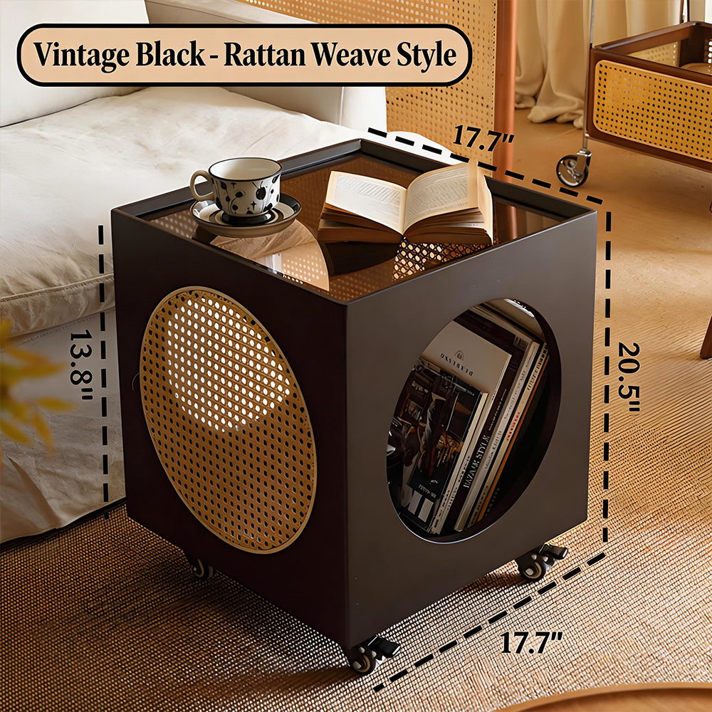 Modern Rattan Nightstand Rolling Side Table Solid Wood Mobile Bedside Cabinet with Storage