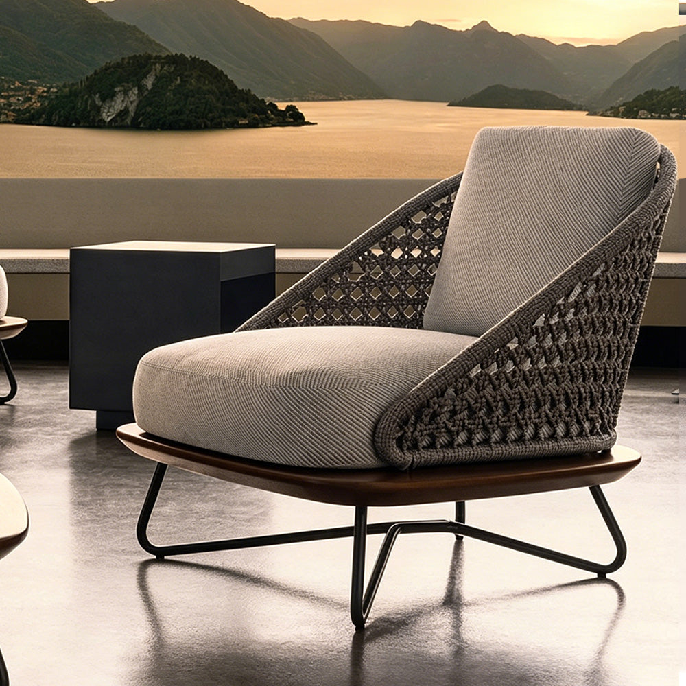 Modern Outdoor Lounge Chair with Handwoven Rope Backrest and Solid Wood Base