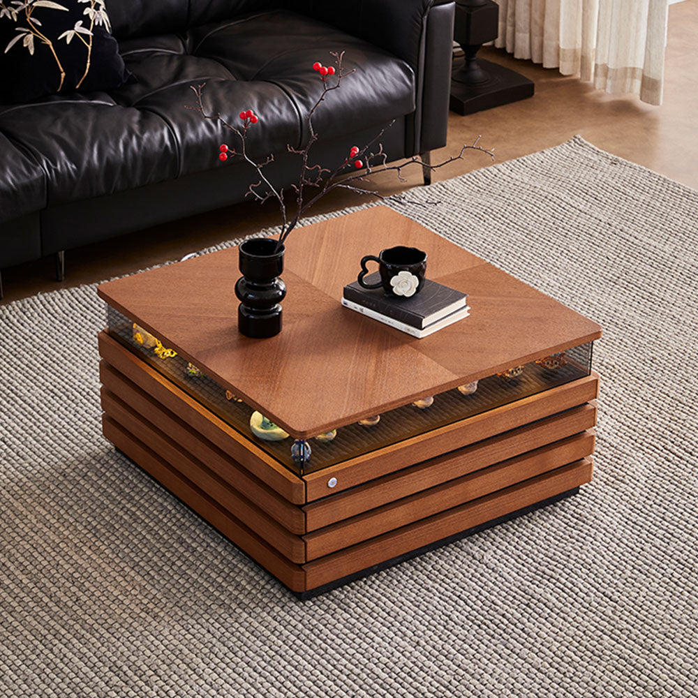 29'' Square Walnut Coffee Table with Built-In LED Display Shelf