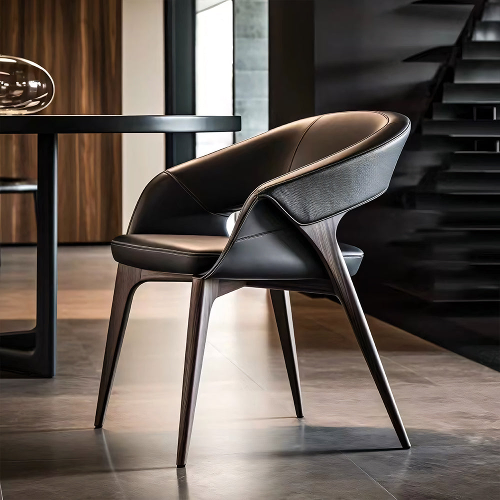 Modern Upholstered Dining Chair Faux Leather Seat Curved Armrest Accent Chair with Solid Wood Legs 1 Piece