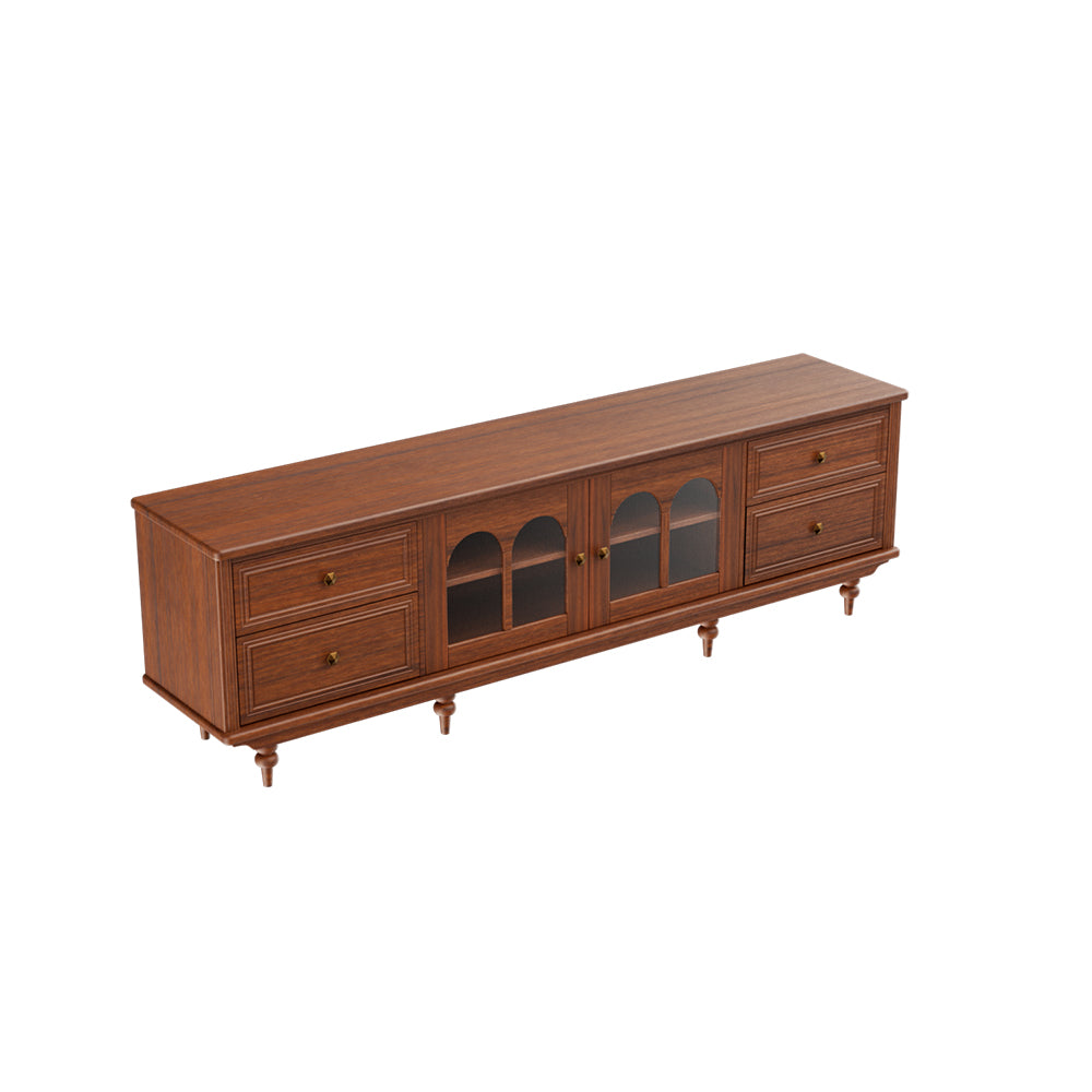 78'' Neo-Chinese Style TV Cabinet Solid Wood Drawers Arch Glass Doors Elevated Storage Base