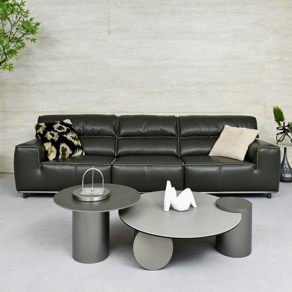 132.28" Modern Minimalist Genuine Leather Sofa Deep Green Upholstered Couch Wide Seat Living Room Sofa with Clean Lines