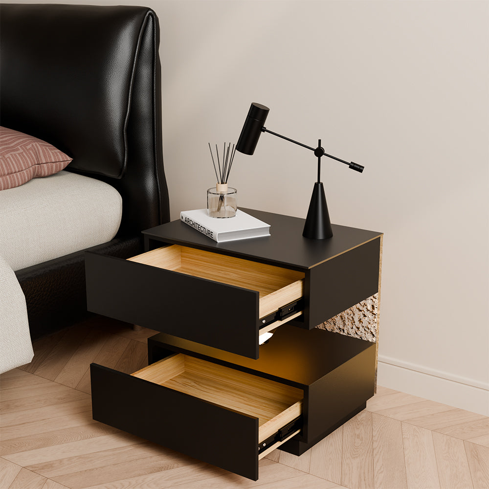 Contemporary Black Nightstand with Scratch-Resistant Leather & Motion Sensor Lighting