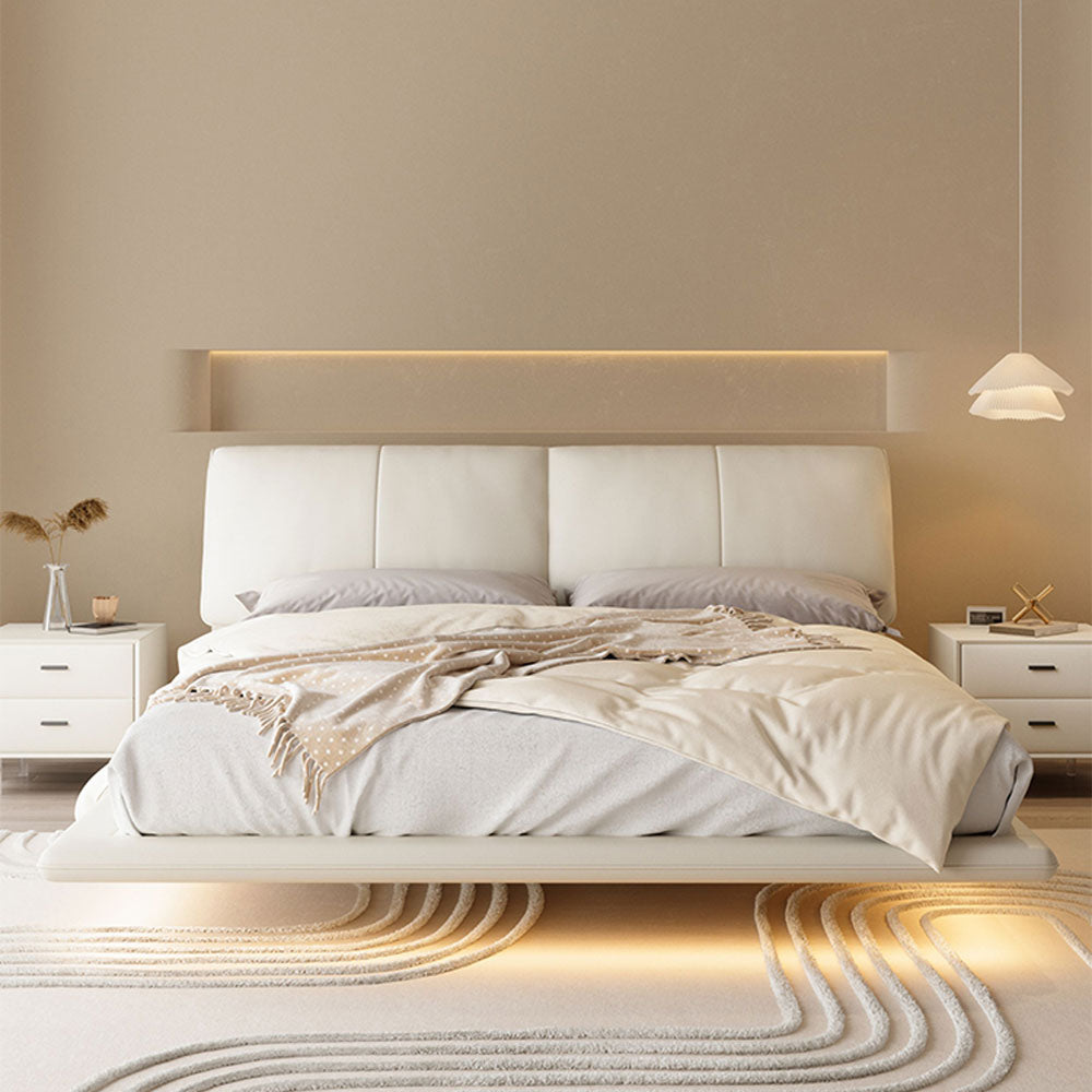 Modern Minimalist Platform Bed with LED Lighting Ultra-Fiber Leather Steel Frame