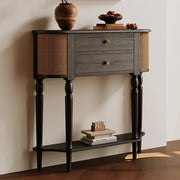 35.4'' Modern Entryway Console Table with Rattan Panels Black Wood Hallway Table with 2 Drawers & Lower Shelf Decorative Accent Table