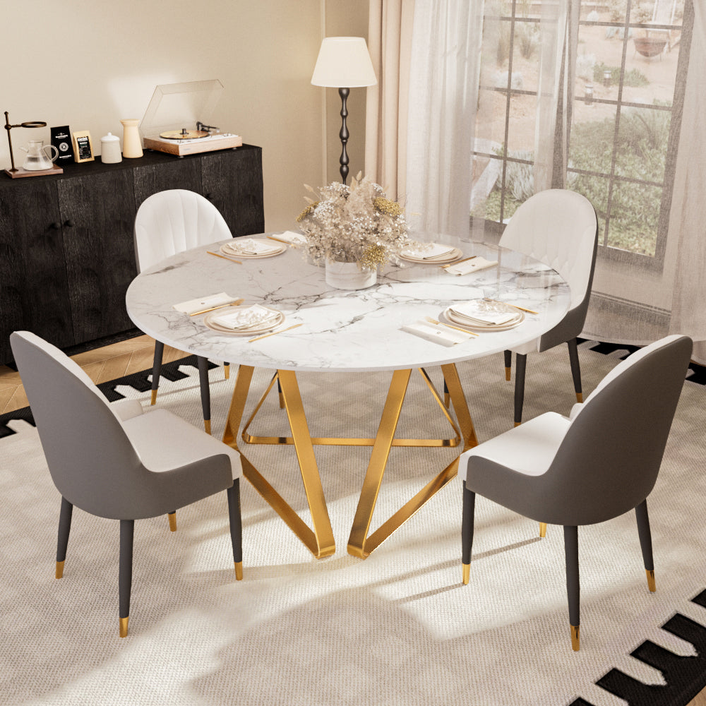 Round Marble Dining Table Modern Gold Metal Base with Lazy Susan