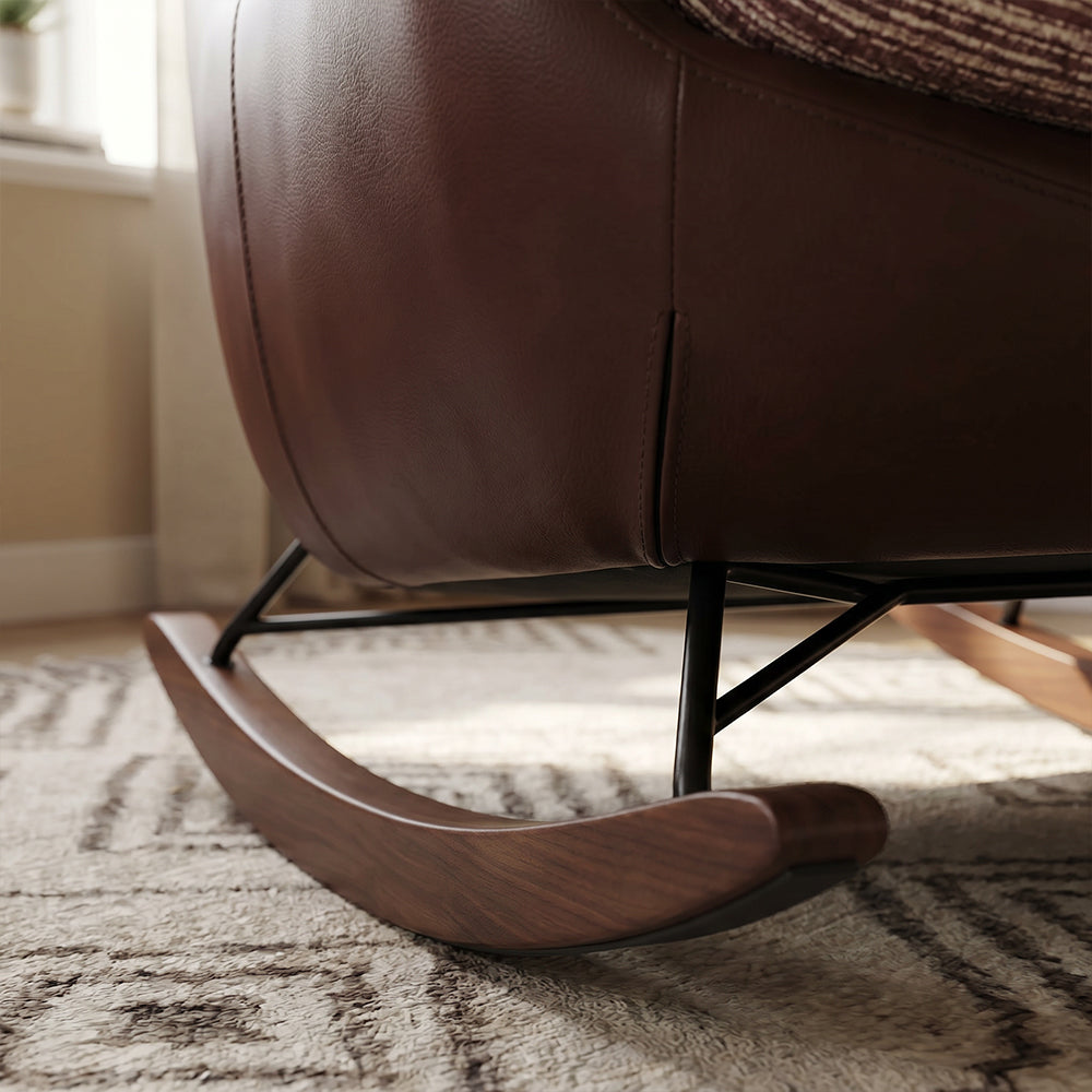 Rocking Lounge Chair with Textured Upholstery and Brown Wraparound Shell