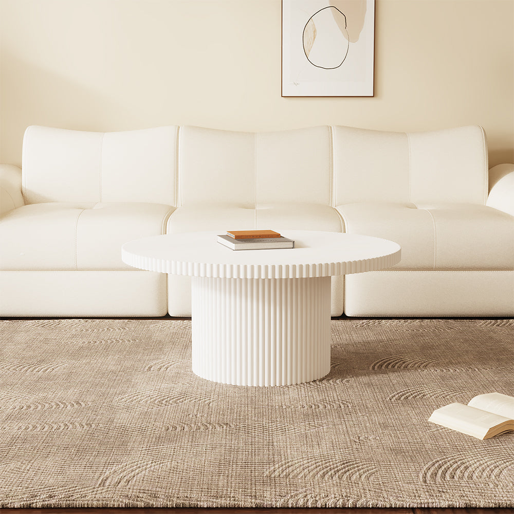 31.2'' White Round Coffee Table Vertical Textured Design Modern Minimalist Style