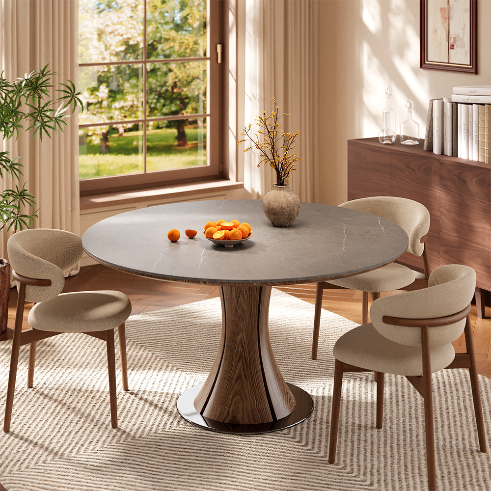 Modern Round Dining Table Scratch-Resistant Surface and Wooden Creative Base Perfect for 4-6 People