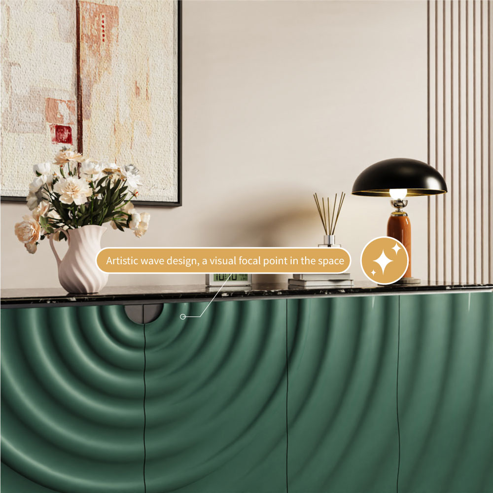 62.4" Modern Ripple Design Green Sideboard with Black Stone Top