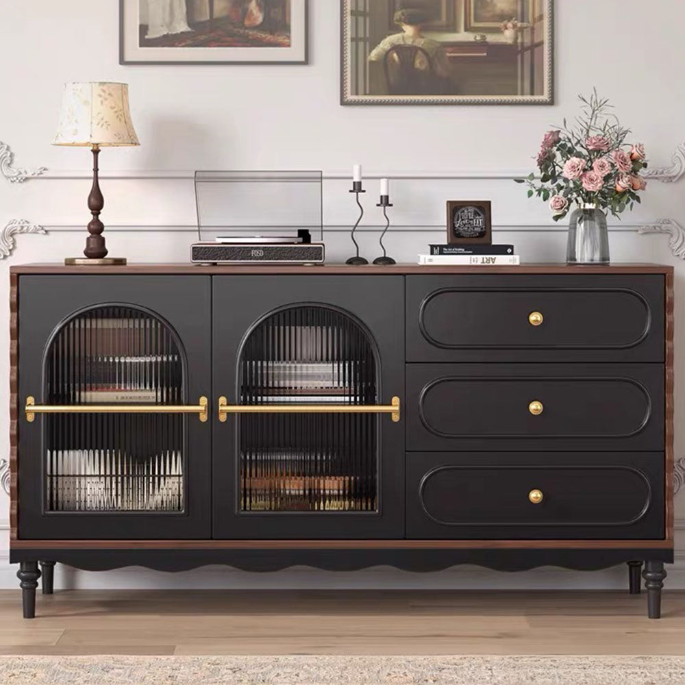 62.9" Vintage Black Sideboard with Fluted Glass Doors & Gold Accents Retro Buffet Cabinet with Drawers