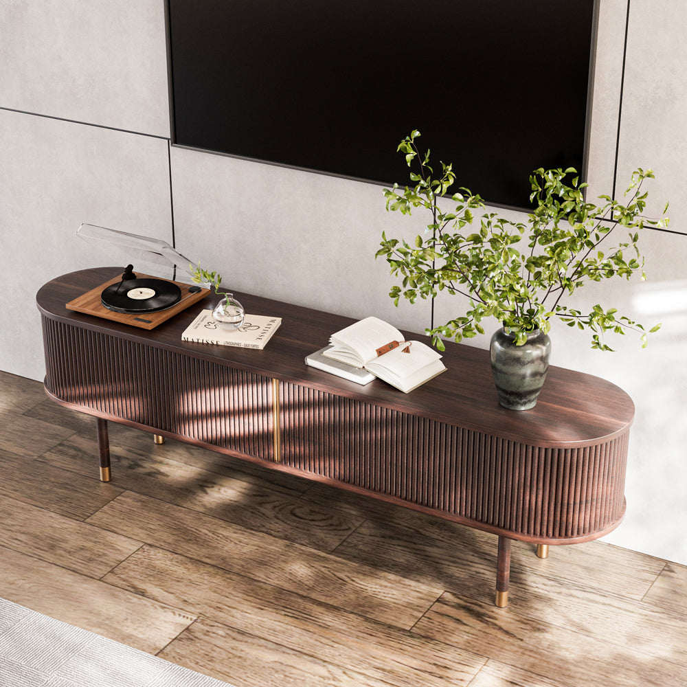 70.8" Modern Solid Wood TV Stand with Fluted Doors Minimalist Media Console with Rounded Corners & Gold Accents