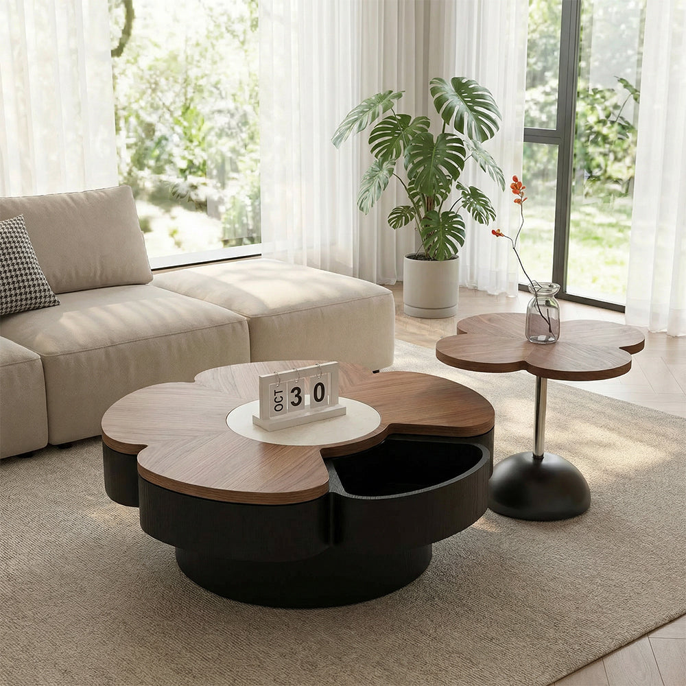 Modern Flower Shape Coffee Table Set with Storage Wooden Center Table and Matching Side Table