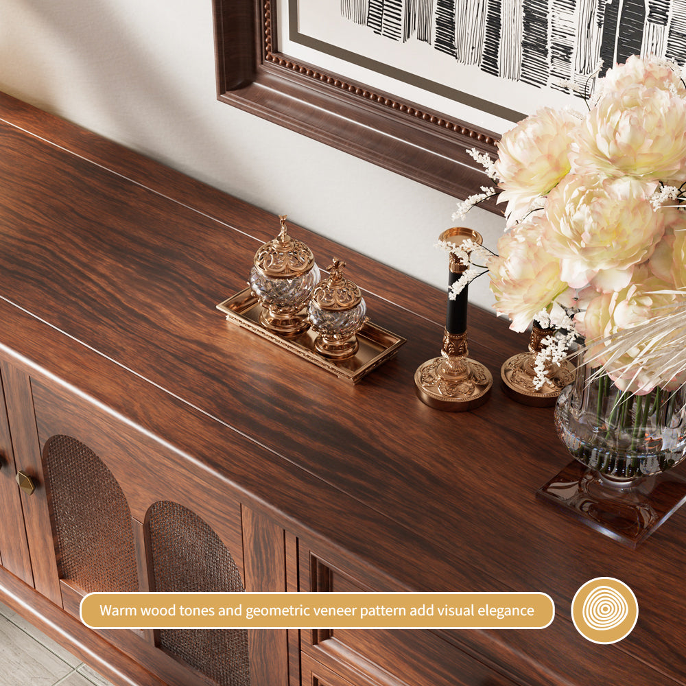 78'' Neo-Chinese Style TV Cabinet Solid Wood Drawers Arch Glass Doors Elevated Storage Base