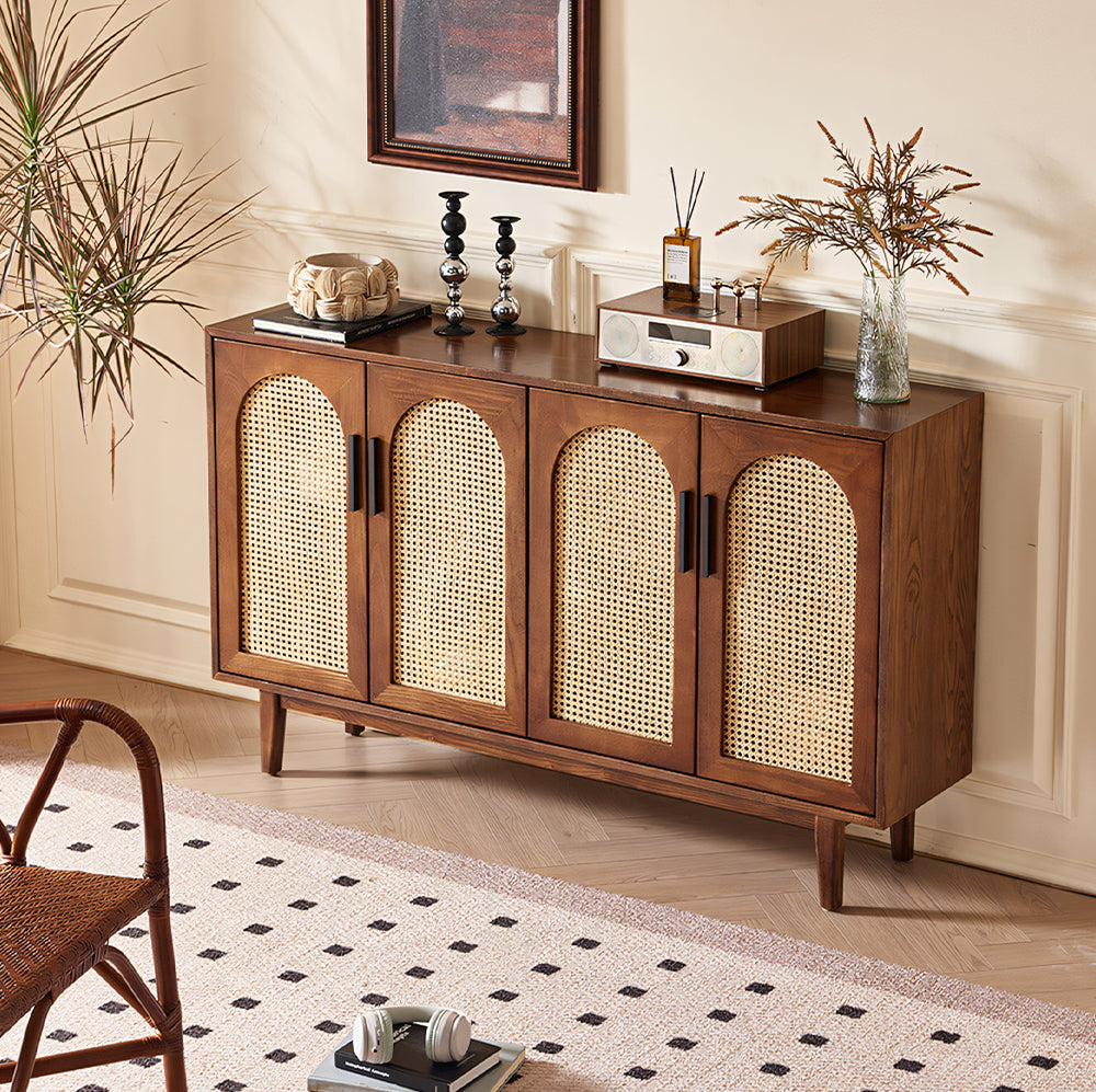 59'' Mid-Century Modern Rattan Door Sideboard Cabinet Solid Wood Buffet Storage Console for Dining Room & Living Room