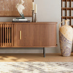Load image into Gallery viewer, 70.2&#39;&#39; Walnut Curved TV Stand Vertical Textured Design with Metal Handles
