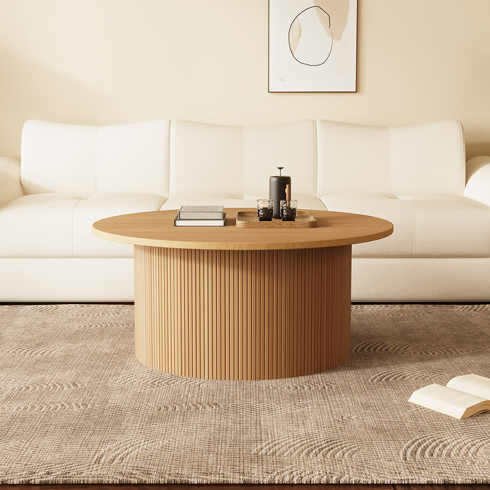 35.68'' Natural Wood Round Coffee Table Vertical Textured Design Modern Minimalist Style