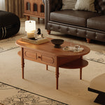 Load image into Gallery viewer, 46&#39;&#39; Oval Solid Wood Coffee Table Warm Cherry Finish Hidden Drawer Side Shelf
