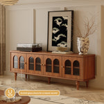 Load image into Gallery viewer, 70&#39;&#39;Solid Wood TV Cabinet Arched Glass Doors Warm Cherry Finish Hidden Storage
