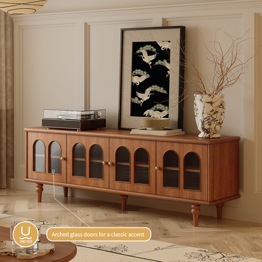 70''Solid Wood TV Cabinet Arched Glass Doors Warm Cherry Finish Hidden Storage
