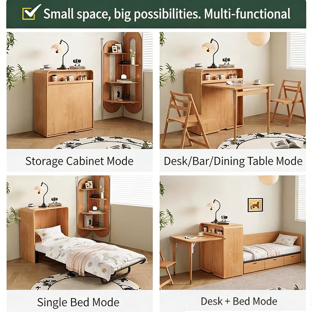 Modern Space Saving Foldable Dining Table with Hidden Pull Out Bed Wood Convertible Table Bed Combo Multifunction Furniture