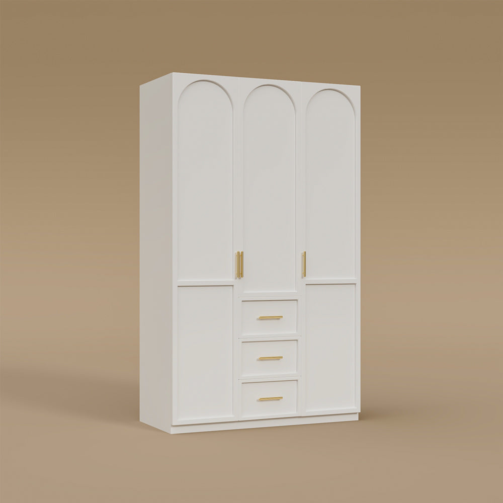 Modern Elegance 3-Door White Wardrobe with Drawers Multi-Section Storage with Drawers and Hanging Space
