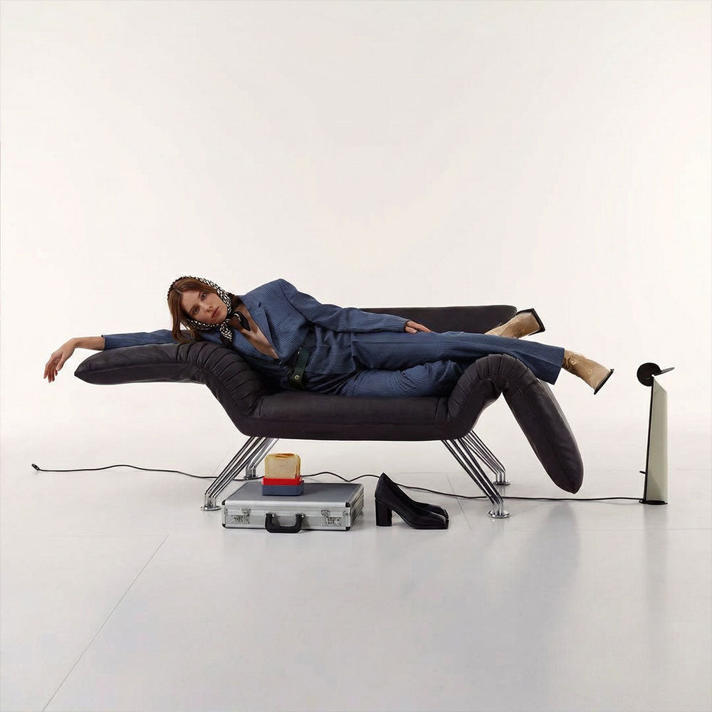 Modern Sculptural Leather Lounge Chair Adjustable Armrest Accent Chair with Metal Legs Contemporary Artistic Seating