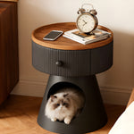 Load image into Gallery viewer, Modern Round Nightstand with Hidden Storage Drawer and Cat House Base Wooden Top Fluted Design Bedside Table
