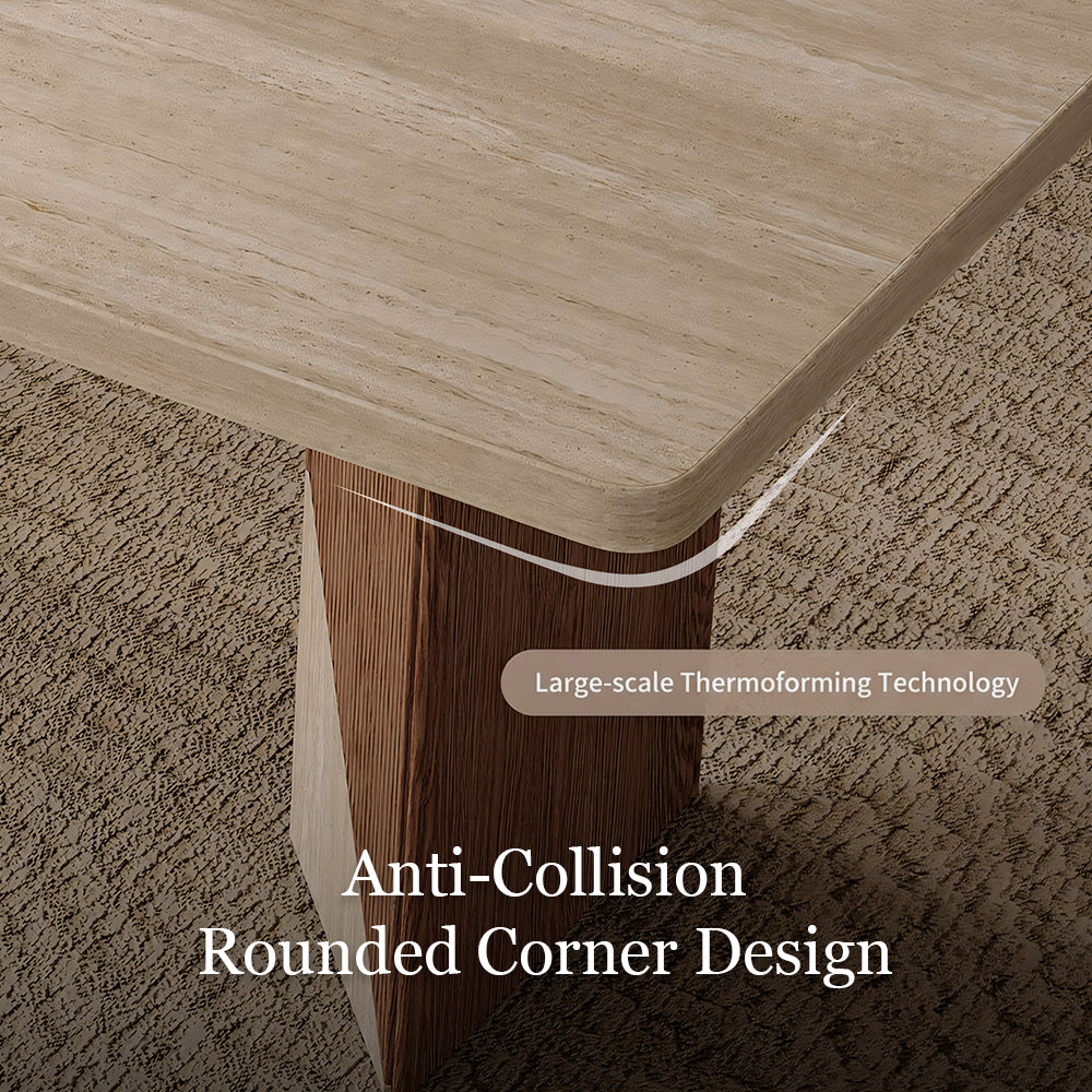 Rectangular Dining Table with Travertine-Look Sintered Stone Top and Fluted Oak Base