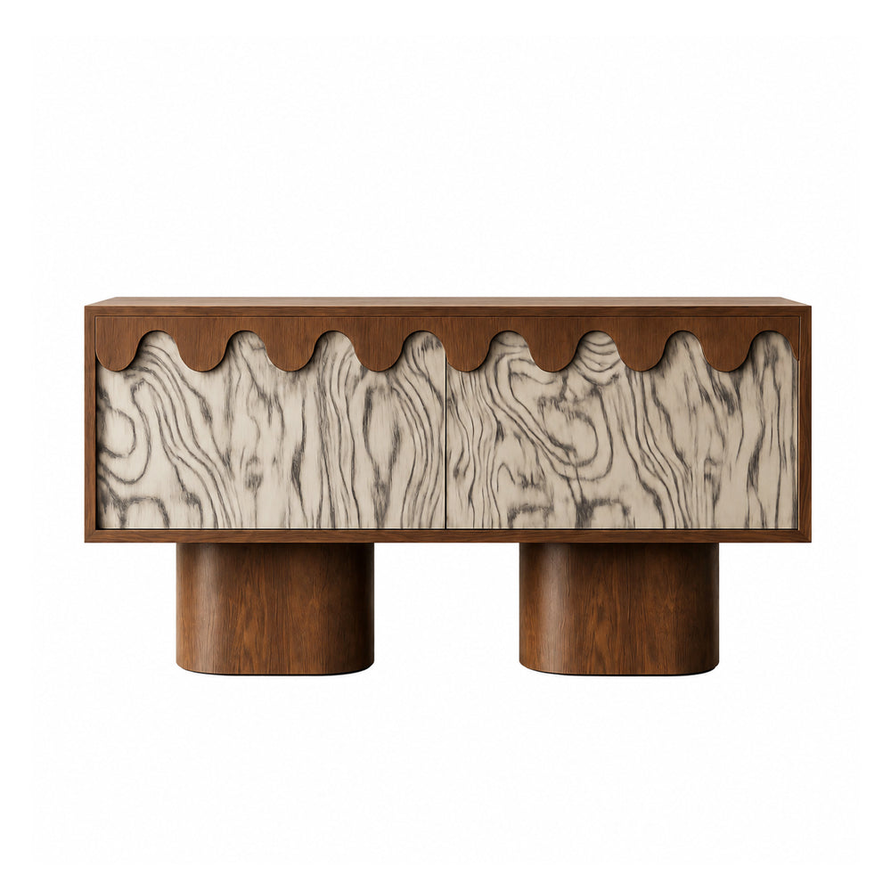 55.1'' Wabi-Sabi Walnut TV Stand with Scalloped Doors Mid Century Modern Media Console