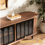Load image into Gallery viewer, 78&quot; Retro TV Stand Curved Edge Design Arched Glass Doors Long Storage Cabinet Vintage Style Unit
