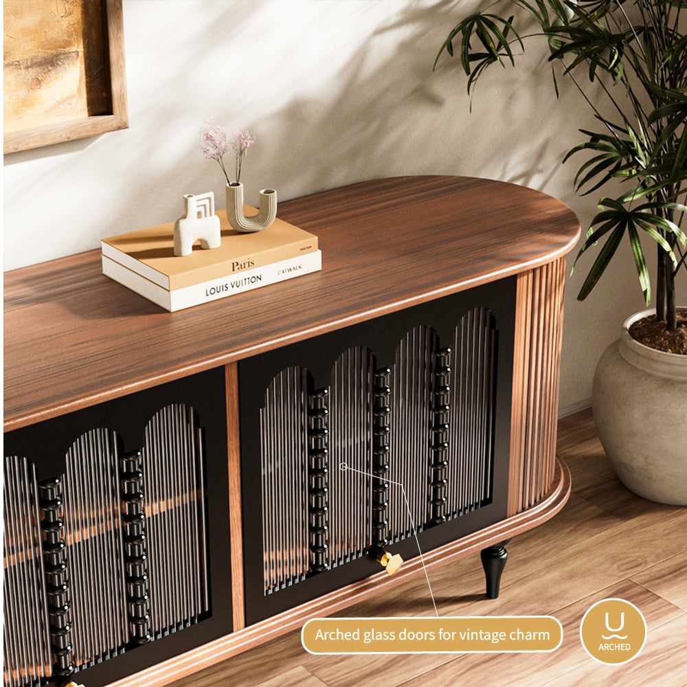 78" Retro TV Stand Curved Edge Design Arched Glass Doors Long Storage Cabinet Vintage Style Unit
