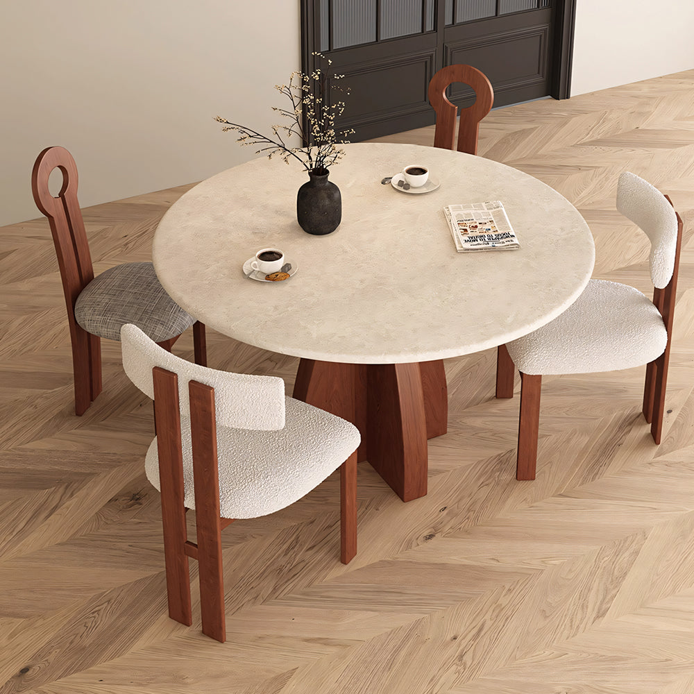 Modern Round Travertine Dining Table Solid Wood Pedestal Base Minimalist Dining Room Table