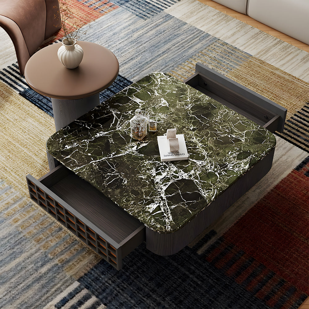 Modern Square Marble Top Coffee Table Green Stone Surface Wood Base Design
