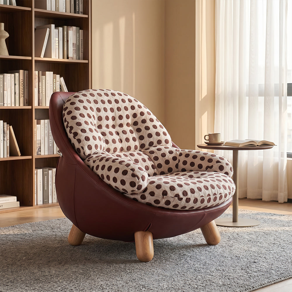 Modern Polka Dot Lounge Chair with Rounded Cushion & Wood Legs