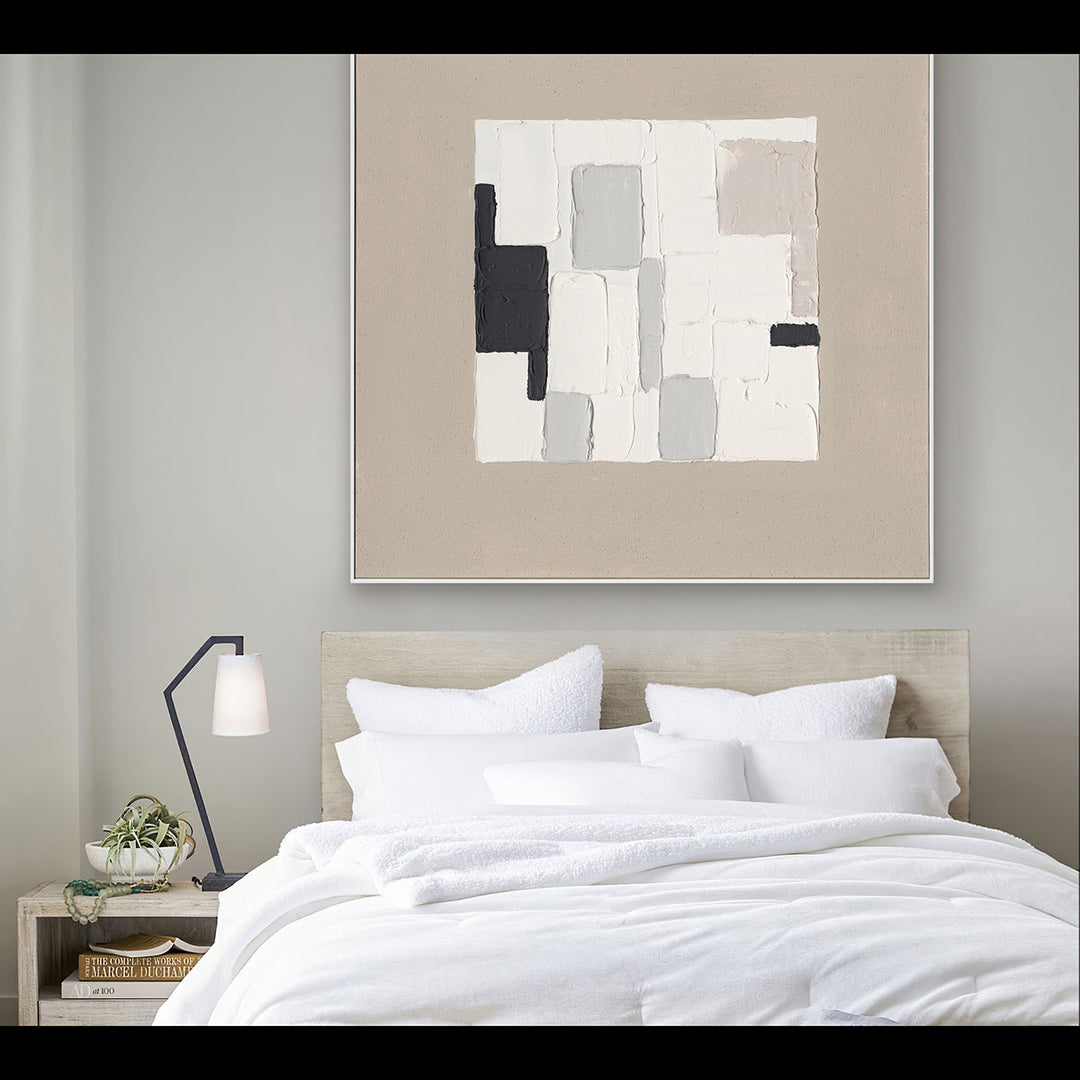 Minimalist blocks in soft neutrals create calm, balance, and timeless abstract elegance