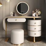 Load image into Gallery viewer, 47.2'' Modern Luxury Vanity Desk with Round Mirror Cream Finish Makeup Table with Storage Drawers and Gold Base with Stool
